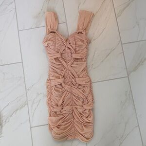 bebe Peach Ruched Knot Bodycon Mini Dress